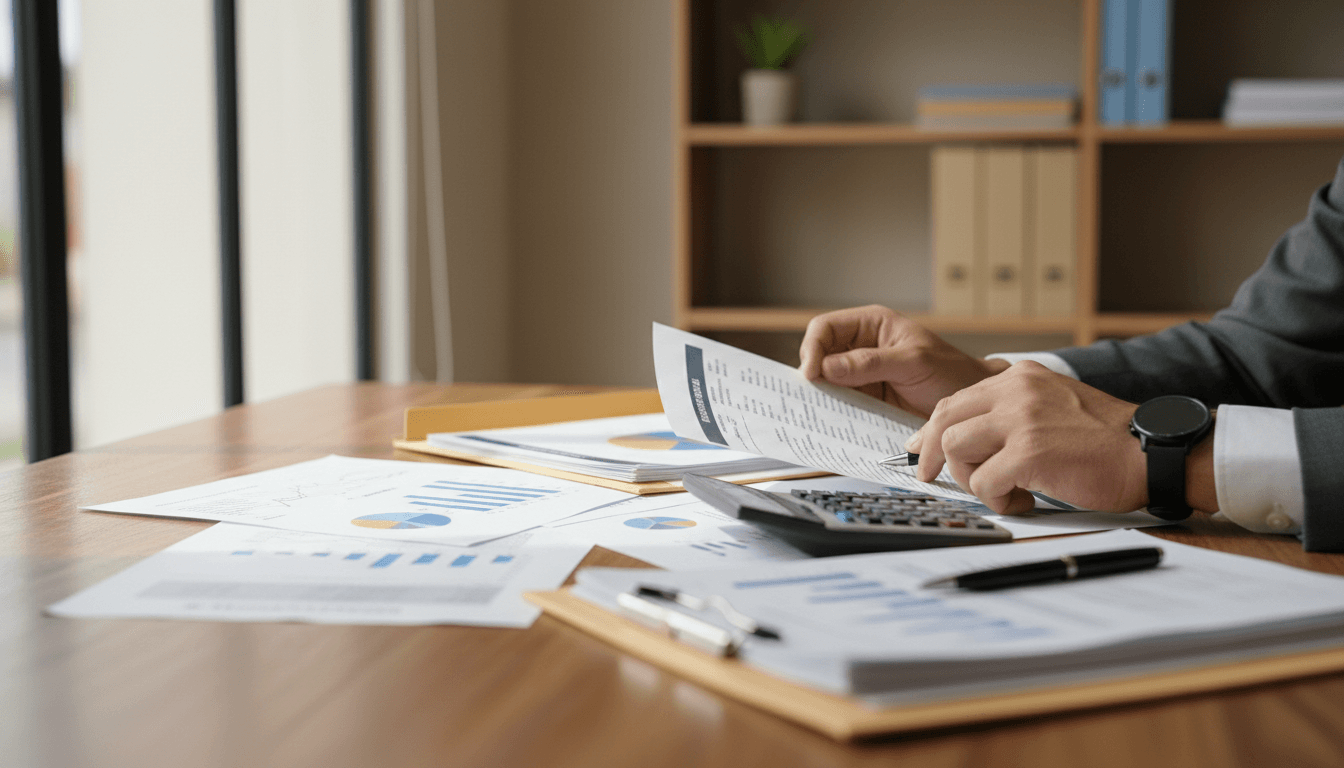 Manos de un asesor fiscal revisando documentos financieros y una calculadora sobre un escritorio de madera