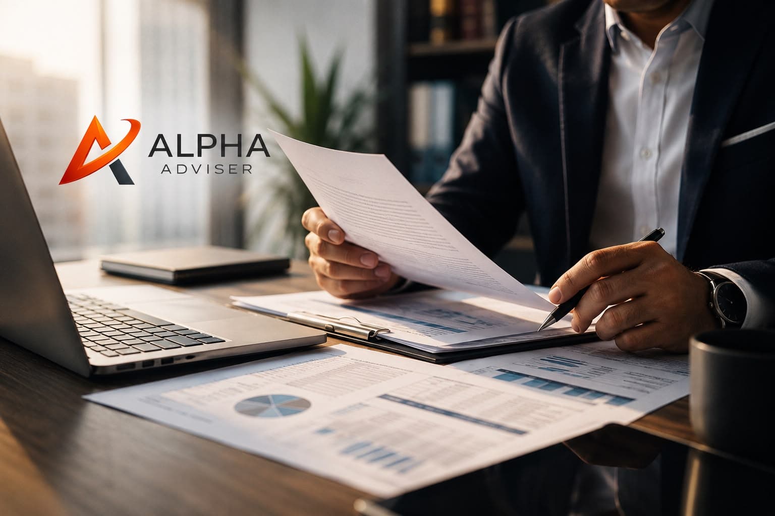 Profesional de Alpha Adviser revisando documentos y gráficos financieros en un escritorio con laptop.